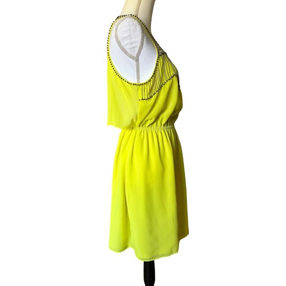 Bebe VTG Y2K Yellow Cage Beaded Sleeveless Mini Cocktail Dress Beaded Chain sz M - Picture 3 of 10